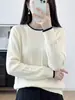 Nuevo suéter de punto de algodón 100% puro con cuello redondo, bloques de color, para mujer, corte holgado, adelgazante, con rayas verticales, top de capa base