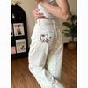 Novidade Primavera e Verão Estilo Americano Gato Branco Desenho Animado Laço Jeans Floral Calças de Pernas Largas Retas Femininas Tendência