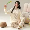 Pijama de Oso de Fresa para Mujer, Traje de Pantalón Largo de Manga Larga de Algodón Imitación para Primavera y Otoño, Estilo Japonés Dulce y Lindo, Ropa de Casa para Estudiantes