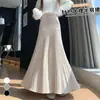 Foto real falda plisada de punto super bonita falda de invierno de longitud media para mujer otoño e invierno falda de cola de pez drapeada que se ajusta a la cadera falda larga petite