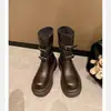 [Dos Versiones] Hebilla de Cinturón de Moda del Mismo Estilo que Mamá Uva Botas de Punta Redonda con Suela Gruesa Botas Cortas Versátiles Botas de Jinete