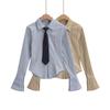 AP23236-23 Otoño Nueva Camisa informal holgada de manga larga con solapa a rayas y microtirón estilo americano