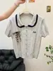 2026 Verano Estilo Preppy Cuello de Muñeca Lazo Melocotón Tejido Manga Corta Camiseta Mujer Delgado Cárdigan Top 12726
