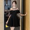 Moda Otoñal 2026 Ropa para Mujer, Vestido Sexy de Malla con Retazos en un Hombro, Ceñido a la Cintura, Línea A, Negro 21405