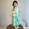Conjunto Hanfu para Meninas Verão 2026 Novo Estilo Chinês Nacional Infantil Conjunto de Duas Peças Colete Solto Calça Wide Leg