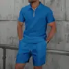 Conjunto Casual Masculino de Verão Amazon Transfronteiriço Novo Gola Reversível Manga Curta Camiseta Lisa e Shorts com Zíper e Padronagem Waffle