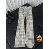 Calças masculinas xadrez de veludo cotelê, forradas com fleece para outono e inverno, modelagem solta, perna reta, estilo casual, calças largas estilo retrô americano para adolescentes