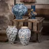 Vaso de cerâmica com decalque vintage desgastado de Jingdezhen para entrada de villa, vaso para arranjo de flores secas de ramo de hortênsia, vaso de flores de mesa estilo chinês novo