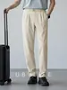 Calça Casual Masculina Outono/Inverno Mistura de Algodão Amiga da Pele Fivela de Metal Cintura Meio Elástica Calça de Perna Reta Calça de Perna Larga