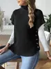[Em Estoque] Suéter Pulôver Feminino Primavera e Outono Novo Estilo Colete com Decoração de Botão Transfronteiriço Europeu e Americano Colete Pulôver de Gola Alta