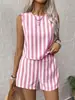 2026 Verano Ropa Femenina Transfronteriza Europea y Americana Conjunto Casual de Dos Piezas con Rayas: Top sin Mangas de Cuello Redondo + Pantalones Cortos Sueltos