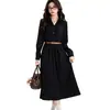 Vestido Negro de Manga Larga con Botones y Cuello de Camisa Estilo Universitario Otoñal para Mujer, Falda Larga de Corte A con Cintura Entallada, Transfronterizo