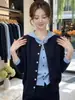 Cárdigan de punto con capucha estilo coreano de dos piezas falsas, colección de otoño, talla grande, diseñado para figuras curvilíneas, juvenil y favorecedor, corte holgado, manga larga