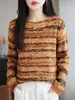 Outono Inverno Malha Texturizada de Lã de Alpaca Mesclada Feminina Cor Mista Macia Quente Pulôver Solto Emagrecedor Elegante
