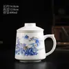 Juego de tres tazas de porcelana blanca, taza de oficina para beber té, separación de té y agua con tapa, juego de regalo para preparar té