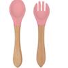 Garfo e Colher de Silicone com Cabo de Madeira para Bebê Utensílios de Mesa Infantis Suplemento Alimentar de Treinamento para Bebês Cabo de Madeira Silicone Macio Colher e Garfo Podem Morder Portátil