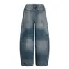 K5601 Estilo Retro Americano High Street Unisex Lavado Vintage Azul Diseño Jeans Holgados para Hombre Forma de Cimitarra