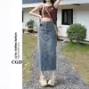 Falda Vaquera Azul Vintage para Mujer 2025 Nueva Moda de Verano Cintura Alta Línea A 5 Aberturas Delgado Tubo Falda Larga