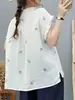 Blusa de Gasa de Doble Capa con Cuello de Encaje Bordado Floral Azul Artístico para Mujer, Top Holgado Casual Versátil con Mangas Acampanadas Ze1