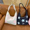 Bolso Tote de Nylon con Pliegues y Estampado de Estrellas, Gran Capacidad, Moderno, Versátil, con Cordón, para Primavera/Verano