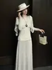 Conjunto de Dos Piezas con Atmósfera Estilo Chino para Mujer Tejido Texturizado Top de Manga Larga Falda de Pierna Ancha Caída Adelgazante Conjunto Completo