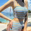 Traje de Baño de Alta Gama para Mujer, Bikini de Dos Piezas Rayado Adelgazante, Favorecedor para Bustos Pequeños, Estilo Conservador Coreano