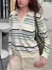 Suéter casual KRENEL SOCMOS de malha solta com gola polo, listrado colorido, estilo refrescante e intelectual para o início do outono, para ir ao trabalho