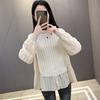 Tejido de punto de estilo suave, falso dos piezas, empalmado, para mujer, con diseño de nicho, tejido de punto suave y ceroso para principios de otoño, top holgado que cubre el abdomen