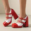 Sapatilhas Color Block com Tira de Rebite para Mulheres, Bico Quadrado, Sola Grossa, Salto Alto Bloco, Sapatos Mary Jane, Tamanho 33-48, Sapatos de Exportação