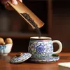 Taza de Té de Cerámica Ru Kiln Azul y Blanco Separación de Agua y Té Taza de Té de Gama Alta para Oficina Taza Personal Regalo para Personas Mayores