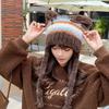Yabifeng Ins Nicho Dulce Lindo Lazo Sombrero de Felpa Tejido para Mujer Cálido Rayado Color de Contraste Sombrero Lei Feng