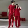 Pijama de Algodón Lycra para Mujer, Rojo Festivo Sencillo Casual de Manga Corta y Pantalón Largo para Pareja de Recién Casados, Conjunto de Ropa para el Hogar para el Año de Nacimiento