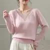 Nuevo Estilo Primavera y Verano Jersey de Punto para Mujer con Cuello en V, Parches de Encaje, Manga Larga, Color Sólido, Mezcla de Lana y Cachemir, para Usar en Capas