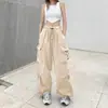 Diseño Delgado de Primavera y Otoño Sentido de la Moda Calle Alta Pantalones Coronados para Mujer Sueltos Rectos Pierna Ancha Bolsillo Grande Casual Retro Modernos