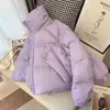 Chaqueta corta de algodón morada con cuello alto y grosor, modelo de invierno 2024 para mujer, diseño holgado, abrigo de algodón de tendencia nicho