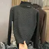 Camiseta de Manga Larga Rayada para Mujer, Estilo Nuevo Otoño/Invierno 2025, con Cuello Medio Alto y Dobladillo Fruncido, Top de Capa Interior para Estudiantes