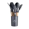 Balde de Armazenamento Popular Branco Cáqui com Alça de Madeira Conjunto de Utensílios de Cozinha de Silicone com 12 Peças Conjunto de Utensílios de Cozinha Conjunto de Cozinha