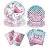 2026 Nuevo Juego de Decoración de Mesa para Fiesta con Platos de Papel Desechables, Vasos, Servilletas de Escamas de Peces Rosa y Morado de Sirena