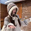 Gorro de Punto Estilo Fair Isle Coreano para Mujer, Gorro de Lana Cálido a Prueba de Viento para Otoño/Invierno con Protección para Orejas, Hace que la Cara Parezca Más Pequeña, Gorro con Lazo para la Cabeza