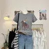 Camiseta de Manga Corta con Cuello Redondo y Estampado Juvenil a la Moda Estilo Coreano para Mujer, Top de Verano Estilo Americano Nuevo Diseño Ajustado Hombro Normal