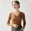 Suéter Cálido de Punto Canalé Color Sólido, Estilo Simple, Manga Larga, Cuello en V, Cachemira, Nuevo Estilo Otoño/Invierno 2026 para Mujer, Adelgazante, Capa Base