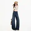 Pantalones largos retro de mezclilla de pierna ancha con jacquard de cintura alta con caída hasta el suelo azul retro azul retro extra largos Yi Chun