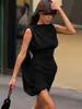 Vestido drapeado con mangas de volantes irregulares, diseño que ciñe la cintura para un efecto adelgazante, cuello alto, vestido plisado, falda bodycon de cintura alta