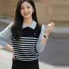 Estilo Nuevo Primavera y Otoño Base de Seda y Lana Cuello Polo Falso Dos Piezas Jersey de Punto para Mujer Manga Larga Ropa Interior para Estilo de Viaje