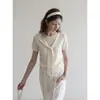 Elegante camiseta de punto de manga corta color albaricoque estilo francés para mujer, ropa de verano, corte ajustado, favorecedora, hombro normal, top estilo old money