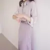 Guangzhou Treze Linhas Alta Qualidade ~ Roxo Claro Padrão Escuro Cetim Enrugado Fosco Manga Longa Camisa Chique Top Suave Elegante