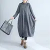Vestido Linterna Vintage de Color Sólido para Primavera, Otoño e Invierno con Cuello Semi Alto, Elegante Vestido de Manga Larga con Parches de Algodón y Lino para Mujer