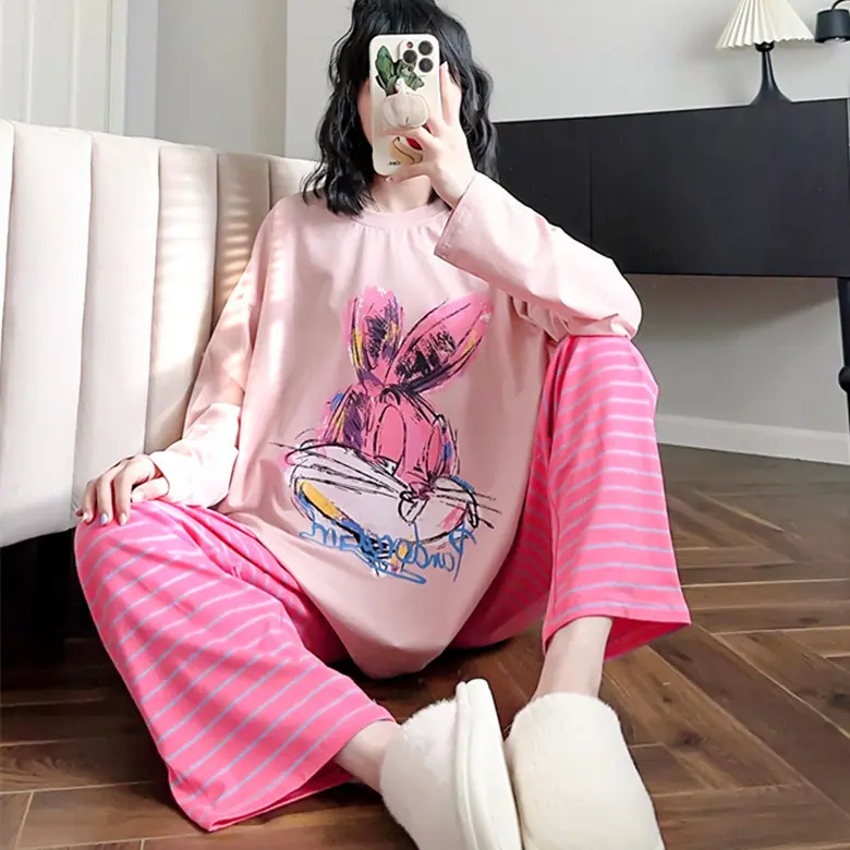 粉色涂鸦兔枚条直裤双长