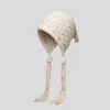 Chapéu de Lã Quente Outono e Inverno Tricotado à Mão Touca com Corte para Dedos Estilo Étnico Feminino Proteção para Orelhas com Franjas Chapéu de Tricô Pulôver