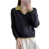 Suéter de Estilo Europeo de Alta Gama en Color Verde con Cuello Camisero para Mujer, Tejido de Punto Falso de Dos Piezas con Bloques de Color, Prenda Interior tipo Polo Holgada con Cuello en V para Otoño e Invierno